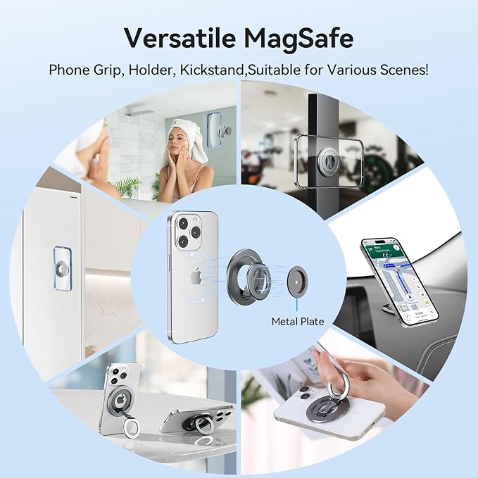 Ultra-Light Dual Sided Magnetic Phone Holder,Car Mount, 360 ° Rotation Finger Ring Holder,Foldable Magnetic Cell Phone Grip Stand Removable Phone Kickstand for All Phones MagSafe Accessories