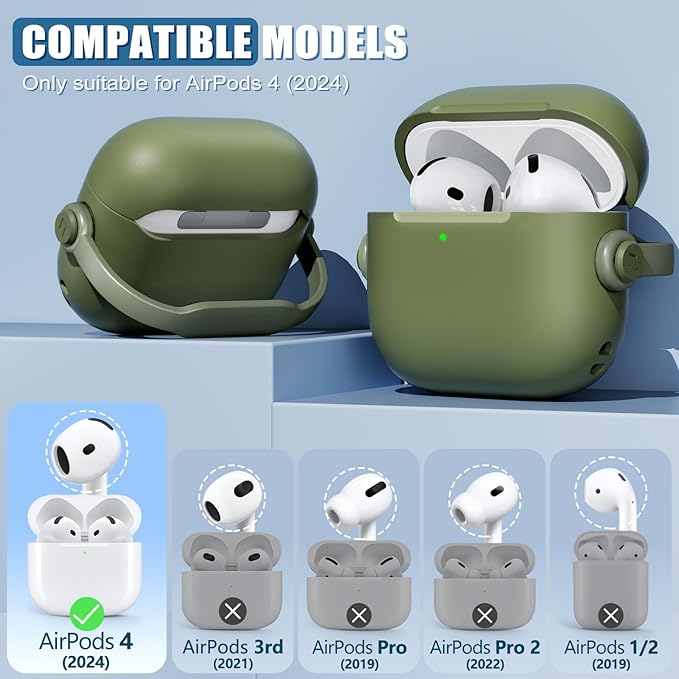 Safety Lock for Airpods 4 Case, TPU Case for Apple Airpods 4 Case 2024 USB-C with Cleaner Kit, Drop Protection Airpods 4 Case Cover for Men with Lock and Keychain, Army Green