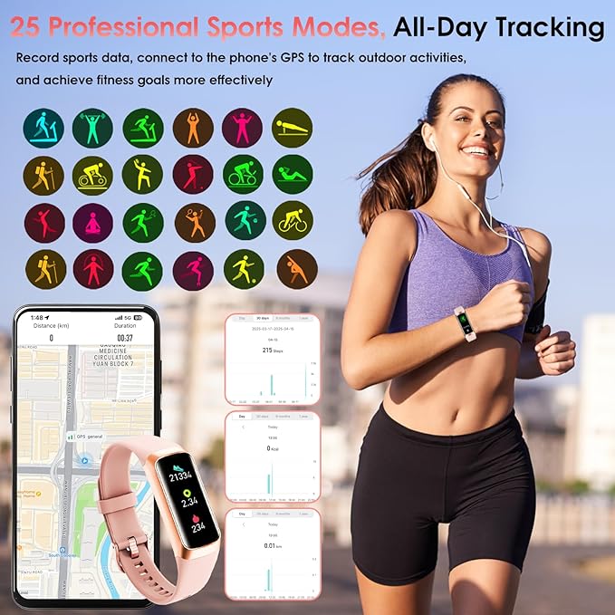 Fitness Tracker, 24/7 Heart Rate Blood Oxygen Blood Pressure Body Temp Monitor Sleep Calorie Tracker with 1.1" AMOLED Touch Color Screen Pedometer Smart Watch Waterproof for Women Men
