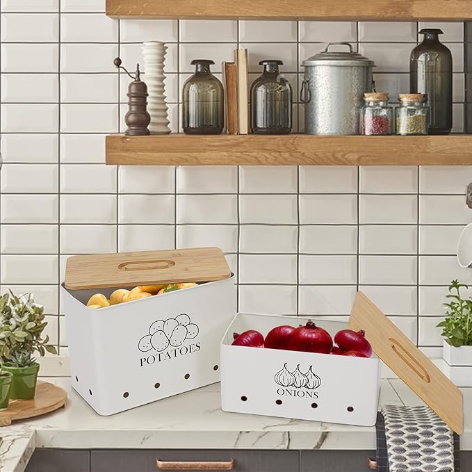 Potato Onion Kitchen Storage Canisters,Storage Bin For Kitchen 2 Pack Set,potatoe, Potato Storage Box，storage And Long Shelf Life With Aerating Tin Storage Holes-white