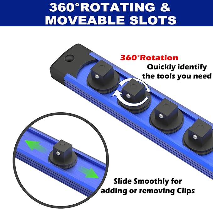 Magnetic Socket Holder Organizer, 6-Piece Set Aluminum Alloy Socket Rail for Tool Box Drawer, 360° Swivel Sockets Rack with 80 Clips for 1/2, 3/8, 1/4-Inch