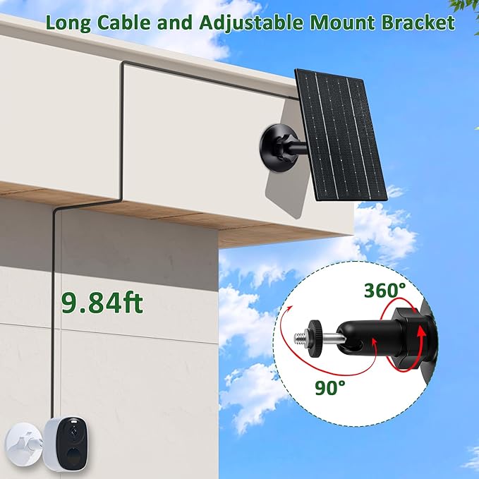Zivif 4W Solar Panel for Security Cameras, 5V Solar Charger with Micro USB/USB-C Ports, IP65 Waterproof, 360° Adjustable Mount & 9.8ft Cable for Rechargeable Battery Cameras