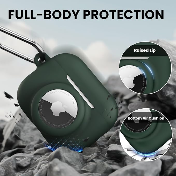 2 in 1 Silicone Case Compatible with AirPods Pro 3 and AirTag 2/1, Shockproof Protective Case Cover for AirPods Pro 3rd Generation 2025 with Cleaner Kit & Carabiner (Dark Green)