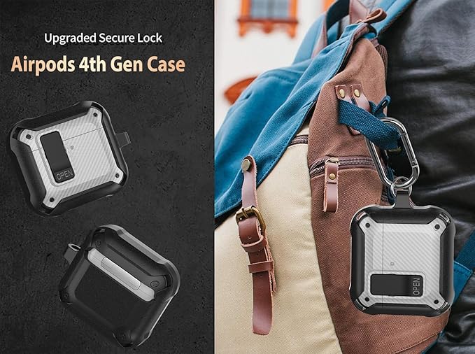 for Airpods 4 Case with Lock Clip, Rugged Apple Airpods 4th Generation Cover 2024 Men Women, Armor Shockproof iPod 4 Gen Protective Hard Shell with Carabiner&Cleaner kit,CF Black/White