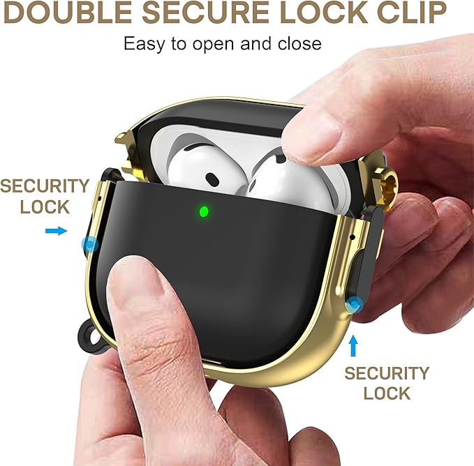 Maxjoy for AirPods 4 Case with Lock, Cute AirPods 4 Case Lock Protective Hard AirPod 4 Generation Cover for Women Men with Keychain Clip for AirPod 4th Generation Cover 2024, Black/Gold