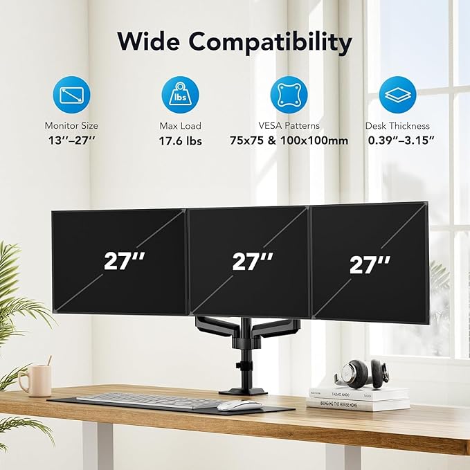HUANUO Triple Monitor Mount for 13-27 inch Computer Screens, Gaming 3 Monitor Desk Mount with Arm Holds 17.6lbs, Triple Monitors Stand with Tilt, Swivel, Rotation, VESA 75x75, 100x100mm