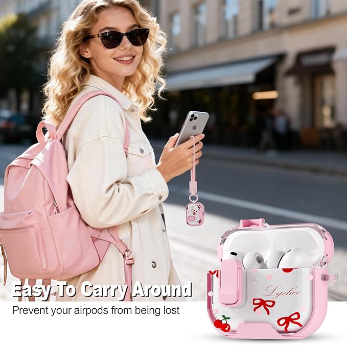 for AirPods Pro 3 Case(2025) with Secure Lock Clip and Phone Stand,Floral Girly Style Protective Cover with Cleaning Kit and Hand Strap for Apple AirPod Pro 3 Generation (Pink Bow)