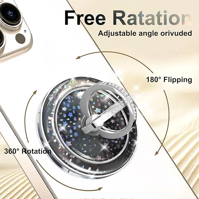 Transparent Magnetic Phone Grip Compatible with MagSafe Phone Ring Holder,360°Adjustable & Removable Silver Star Diamond Laser Design Magnet Stand for Phones and Tablets