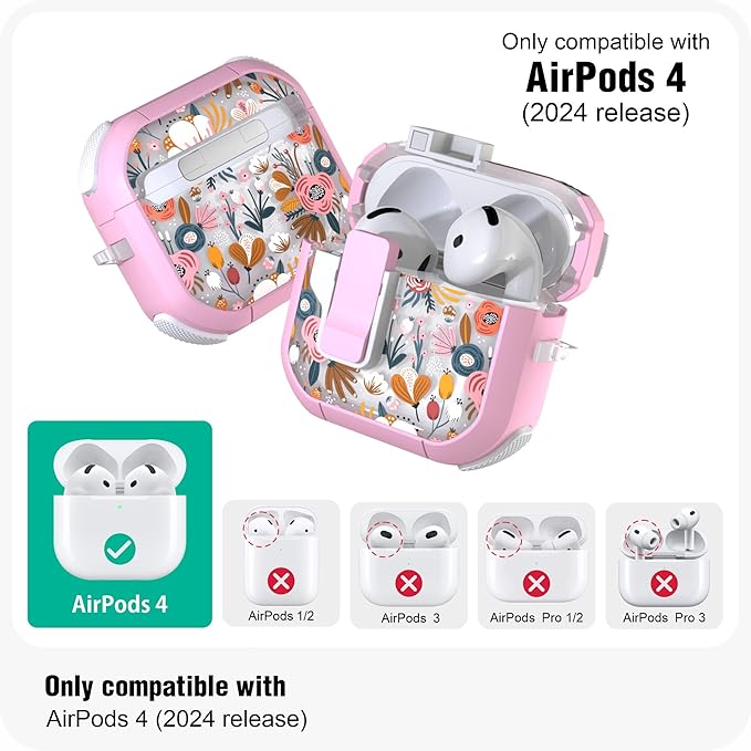 WENEW Case for AirPods 4th Case Cover Secure Lock Automatic Snap Switch Clip Cleaner Kit Lanyard Women Stylish Flower Armour Hard Shell Full Body Front LED Visible (Pink Flower, AirPods 4th)