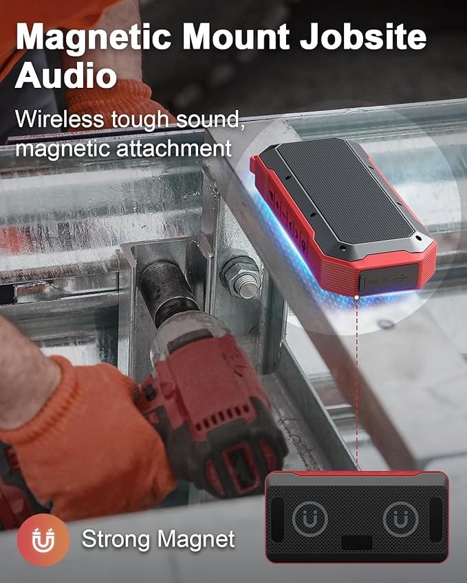Bluetooth Jobsite Speaker with Magnet and Hook, 30H Working Time IPX6 Waterproof Speaker Plays Audio and Answers Calls Hands Free