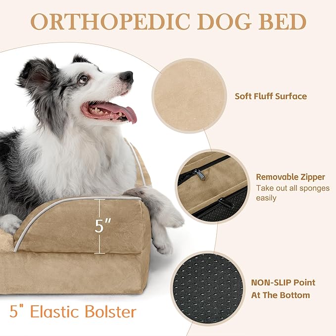Comfort Expression Orthopedic Dog Bed for Extra Large Dogs 53x42 Inch, Waterproof Egg Crate Foam XXL Pet Bed with Removable Bolsters, Dog Couch with Washable Cover & Non-Slip Bottom, Light Brown