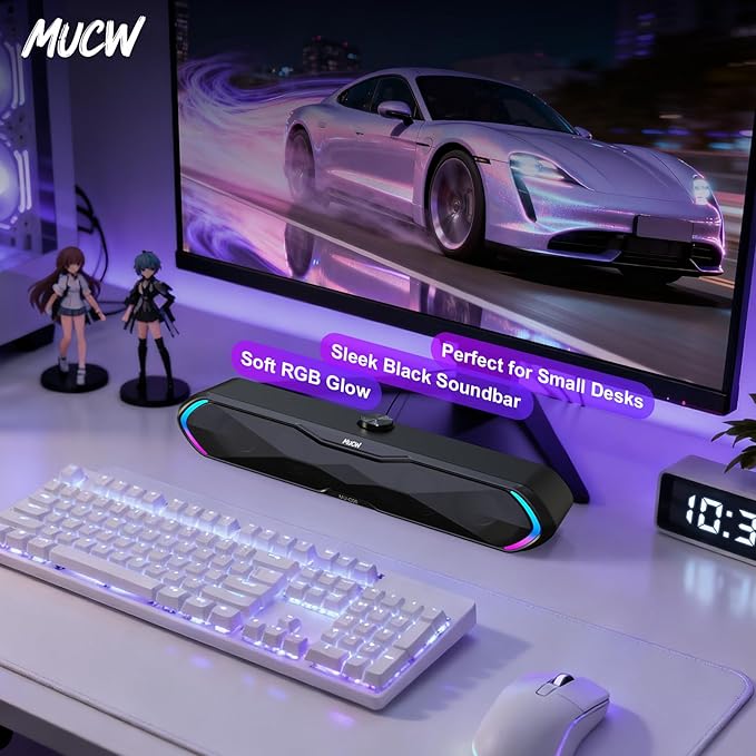 Gaming Soundbar for PC, Bluetooth 5.3 Computer Speaker with RGB Lights and Volume Knob, USB Wired & Wireless Desktop Sound Bar for Laptop