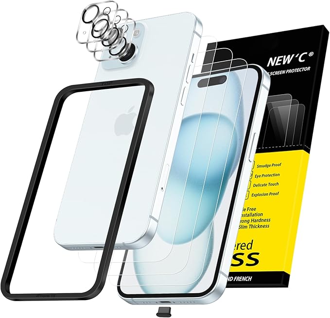 NEW'C 3X for iPhone 15 Screen Protector (6.1 inches)+ 3X Camera Lens Protector, Sensor Protection, Case Friendly Tempered Glass Film + Dust Plug- Easy Installation Tool Include