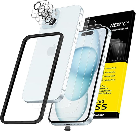 NEW'C 3X for iPhone 15 Screen Protector (6.1 inches)+ 3X Camera Lens Protector, Sensor Protection, Case Friendly Tempered Glass Film + Dust Plug- Easy Installation Tool Include