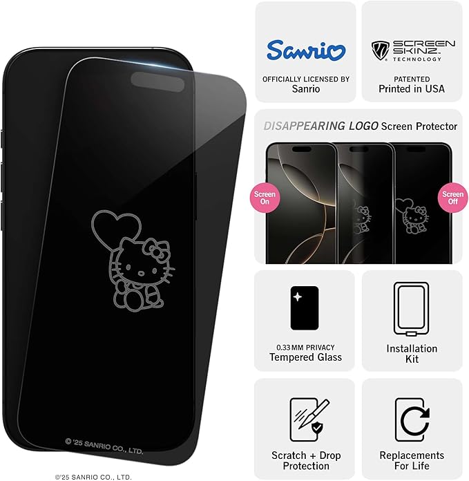 Hello Kitty Balloon Privacy Screen Protector for iPhone 14 Pro Max - with Disappearing Logo - Scratch-Resistant and Easy-to-Install Screen Protectors (Includes Installation Tray)