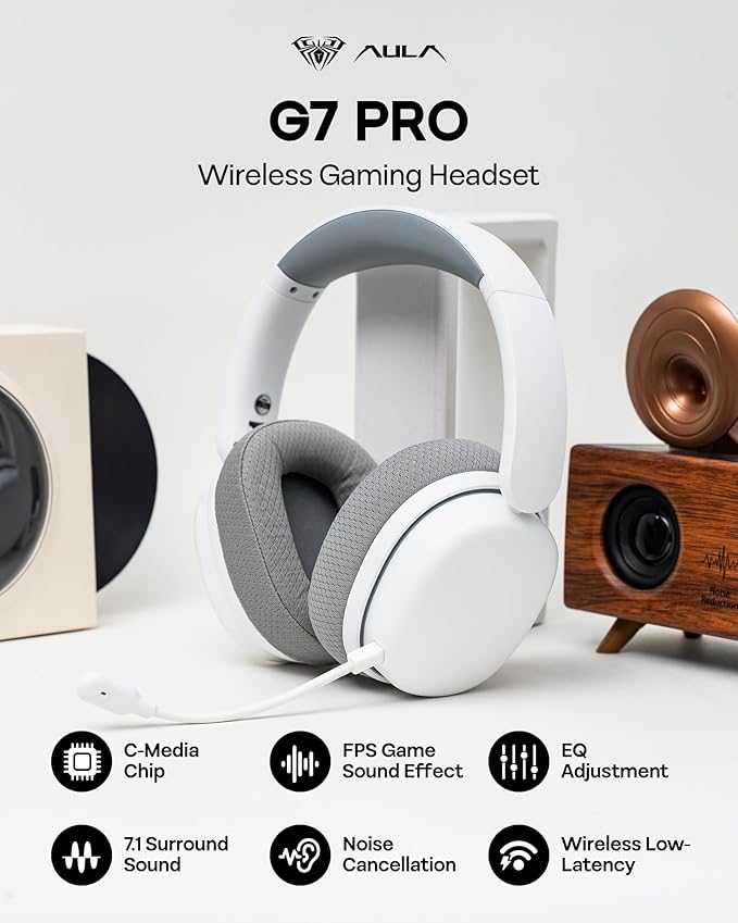 EPOMAKER X Aula G7 Pro Wireless Gaming Headset, Dual Mode BT5.3 & 2.4GHz, 7.1 Surround Sound, 80+ Hour Battery, RGB Light, with Noise Canceling Mic for PS5, PS4, Switch, PC (White)