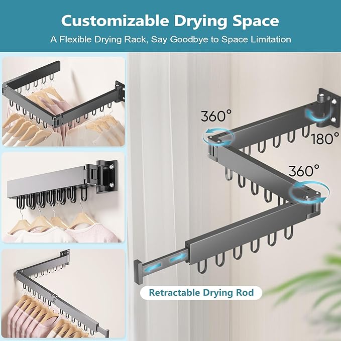 JAUREE Clothes Drying Rack Wall Mounted, Laundry Drying Rack Collapsible, Space Saving Wall Drying Rack Clothing Foldable, Tri-Fold Retractable Rack Outdoor Indoor with 18 Hooks, Black