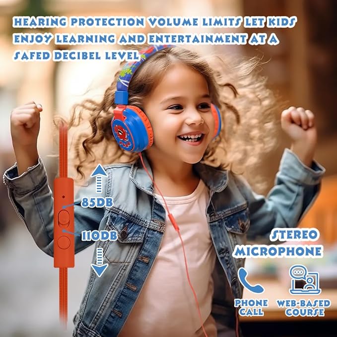 MIDOLA Kids Headphones Volume Limited 85/110dB for Over-Ear Foldable Sound Protection Headset with Mic Inline AUX 3.5mm Cord for Child School Travel Tablet Pad Notebook Cartoon Blue