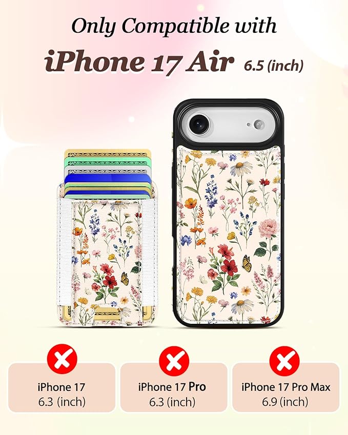 Shorogyt for iPhone Air Wallet Case - Fits 5 Cards, Compatible with Magsafe Detachable Magnetic Credit Card Holder Leather Cardholder Cute Phone Cover Women Girls for Apple 17 Air, Floral