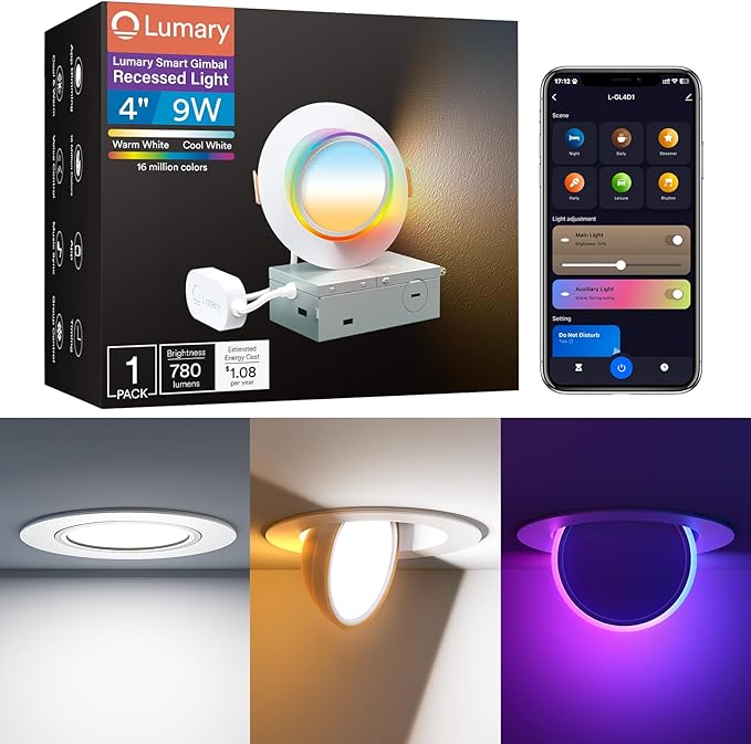 Lumary Smart Gimbal Recessed Lighting 4 Inch Pro, Dual-Controlled CCT Main & RGBAI Auxiliary WiFi LED Recessed Downlights, 270°+90° Adjustable Directional, Compatible with Alexa/Google, 1 Pack