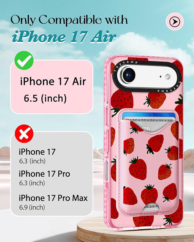 Toycamp for iPhone 17 Air Case - Compatible with Magsafe Credit Card Holder Wallet Magnetic Cute Women Teen Girls Kawaii Girly Unique Strawberry Design Phone Cover for Apple 17 Air