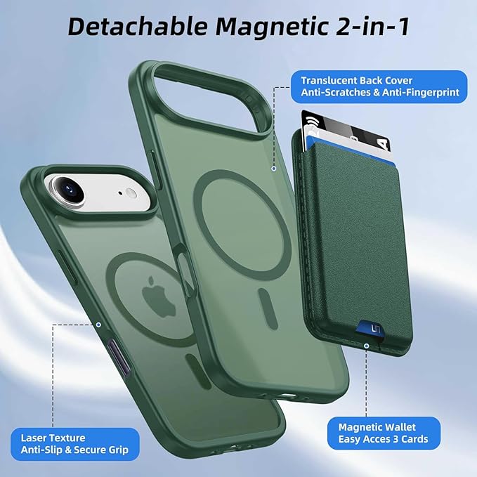 Magnetic for iPhone Air Case & iPhone 17 Air Case with Detachable Wallet, Compatible with MagSafe, Military Protective Slim Phone Cover with Card Holder, Green