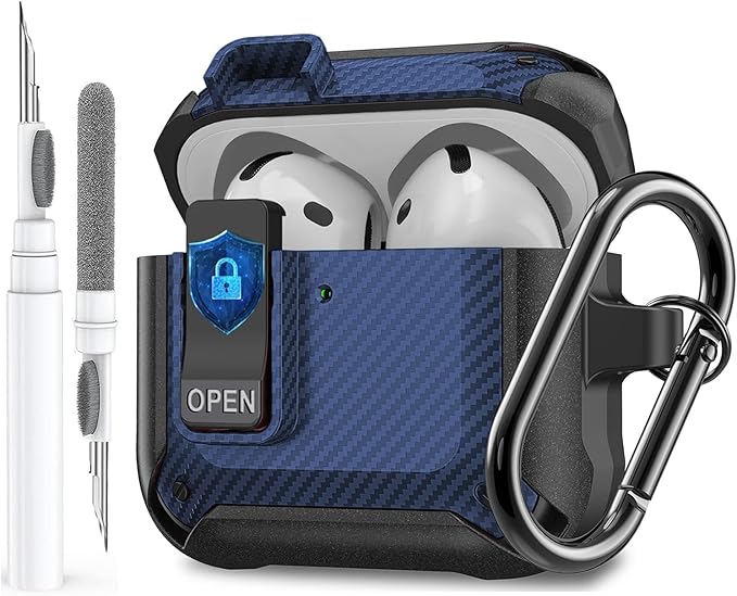 for Airpods 4 Case with Lock Clip, Rugged Apple Airpods 4th Generation Cover 2024 Men Women, Armor Shockproof iPod 4 Gen Protective Hard Shell with Carabiner&Cleaner kit,Black/Blue