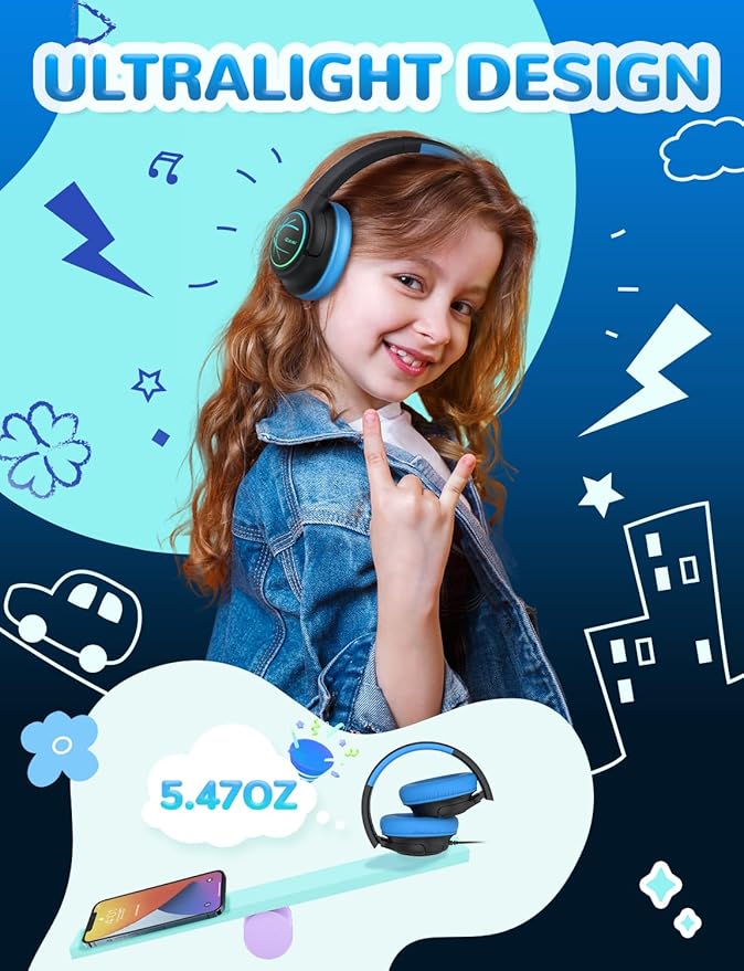 iClever Upgrade USB C Kids Headphones for School, 85dBA Safe Volume, Stereo Sound, Foldable Adjustable, Breathing Light, Over Ear Kids Headphones with Cord for Boys/Girls/iPad/Tablet/Travel