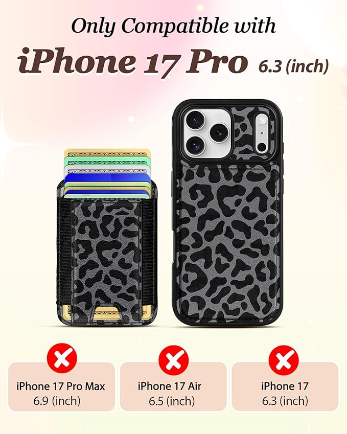Shorogyt for iPhone 17 Pro Case Wallet - Fits 5 Cards, Compatible with Magsafe Detachable Magnetic Credit Card Holder Leather Cardholder Cute Phone Cover Women Girls for Apple 17Pro, Leopard