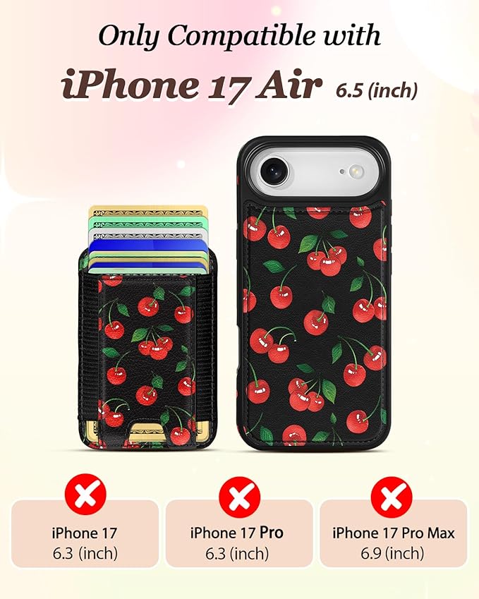 Shorogyt for iPhone Air Wallet Case - Fits 5 Cards, Compatible with Magsafe Detachable Magnetic Credit Card Holder Leather Cardholder Cute Phone Cover Women Girls for Apple 17 Air, Cherry
