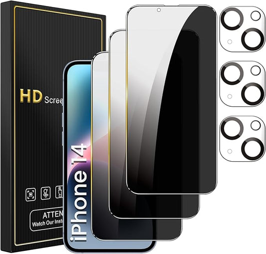 3 Pack Privacy Screen Protector for iPhone 14 6.1 Inch with 3 Pack Camera Lens Protector, Anti Spy Tempered Glass Film, Anti-Scratch, Touch Sensitive, Case Friendly