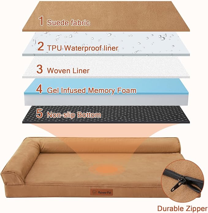 Orthopedic Dog Beds Large Sized Dog, Memory Foam Pet Bed for Large Dogs, Removable and Washable Microsuede Cover, TPU Waterproof Liner, Nonskid Bottom, 44x32x6 Inches, Khaki