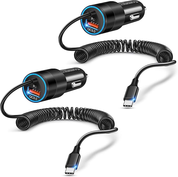 2-Pack 38W Car Charger USB C for iPhone 16 Pro Max Plus, Dual-Port USB-C+USB-A Cigarette Lighter Adapter Fast Charging Phone Plug with 4FT Type C Coiled Cable for iPhone 17/16e/15/S25/S24, Pixel