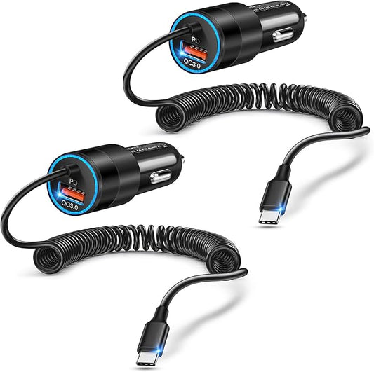 2-Pack 38W Car Charger USB C for iPhone 16 Pro Max Plus, Dual-Port USB-C+USB-A Cigarette Lighter Adapter Fast Charging Phone Plug with 4FT Type C Coiled Cable for iPhone 17/16e/15/S25/S24, Pixel