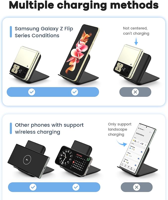 Samsung Galaxy Z Flip 7 Wireless Charger 15W Foldable Stand - Official Qi Fast Charging Station Travel Dock for z Flip 7/6/5/4/3 & Motorola Razr+ | PD 20W Adapter Included | Black