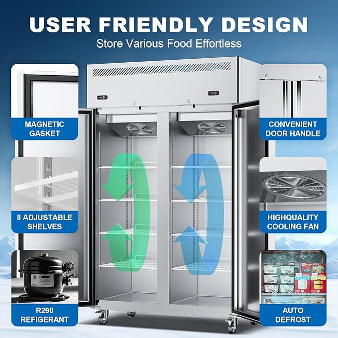 48" W 2 Door Commercial Refrigerator and Freezer Combo Stainless Steel Fan Cooling 38 Cu.ft Fridge and Freezer Dual Zones for Restaurant Bar Shop 33°F~41°F and -8℉ ~0℉, Stainless Steel Reach-in