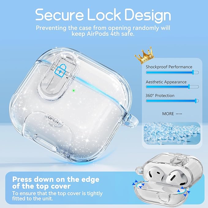 Clear Case for AirPods 4 Case Cover with Safety Lock,Soft TPU Cover with Phone Stand & Cleaning Kit,Cute Bling Keychain for Women Girls- Glitter White