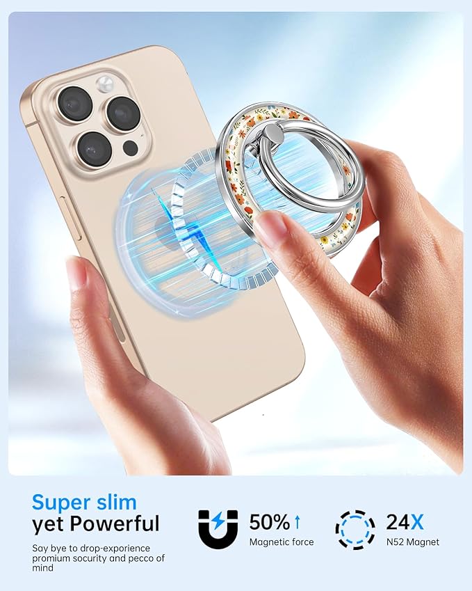 Magnetic Phone Ring Holder Compatible with MagSafe - Cell Phone Grip Magnet Removable Finger Ring Grip Stand Cute Kawaii Design for iPhone 17 Pro Max 16 15 14 13 12 Series Color Little Floral