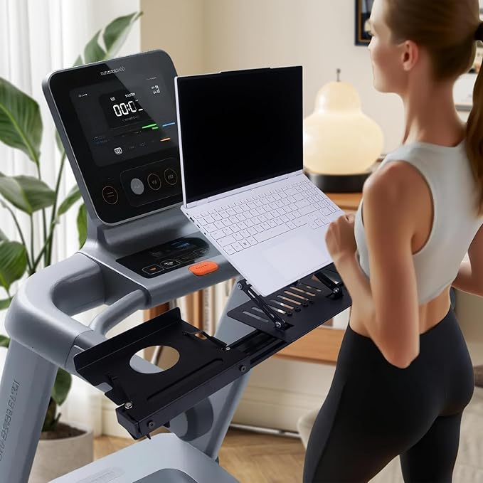 Treadmill Desk Attachment, Laptop Holder Adjustble Height Width, Workstation for Treadmill Handlebars, Universal Treadmill Table with Cup Holder and Tray