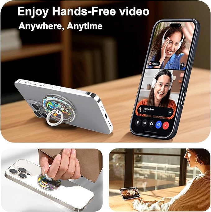 Transparent Magnetic Phone Grip Compatible with MagSafe Phone Ring Holder,360°Adjustable & Removable Silver Golden Diamond Laser Design Magnet Stand for Phones and Tablets