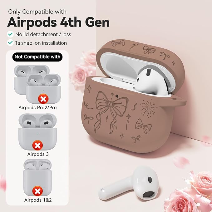 for Airpods 4 Case Cover, Joremx Cute Bow Engraved Silicone Protective Case Cover with Keychain, Cleaner Kit for AirPods 4th Generation Case 2024 (Light Brown)