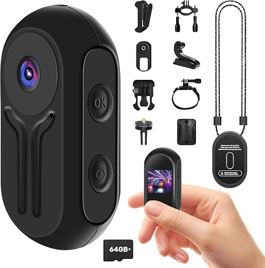 1080P Action Camera with 64GB Card, Mini Body Camera with Audio Recording