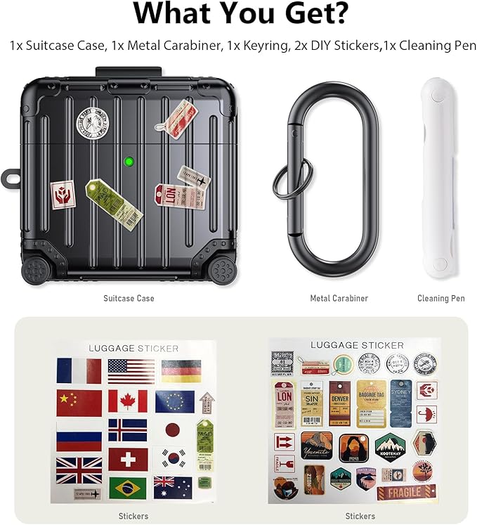 Filoto Compatible with Airpods 4 Case, Cute Fashion Suitcase Design for Airpods 4th Generation Case Cover, Shockproof Protective Hard Case with Keychain/Cleaner Kit (Black, Airpods 4 Case)