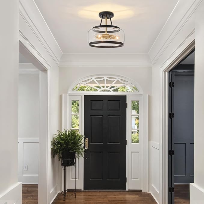 11.81" Black and Brushed Gold Close to Ceiling Light, 3-Light Modern Drum Light Fixtures, Hallway Ceiling Lights, Glass Ceiling Lamp for Entryway Bedroom Laundry Kitchen Dining Room Lighting UL-Listed