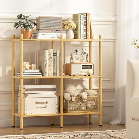 3 Tier Bookshelf, Wide Bookcase Shelf, Storage 6 Open Display Book Shelves, Bamboo Bookshelves Rustic Storage Organizer, Standing Shelf Unit for Living Room, Bedroom, Bathroom, Home Office