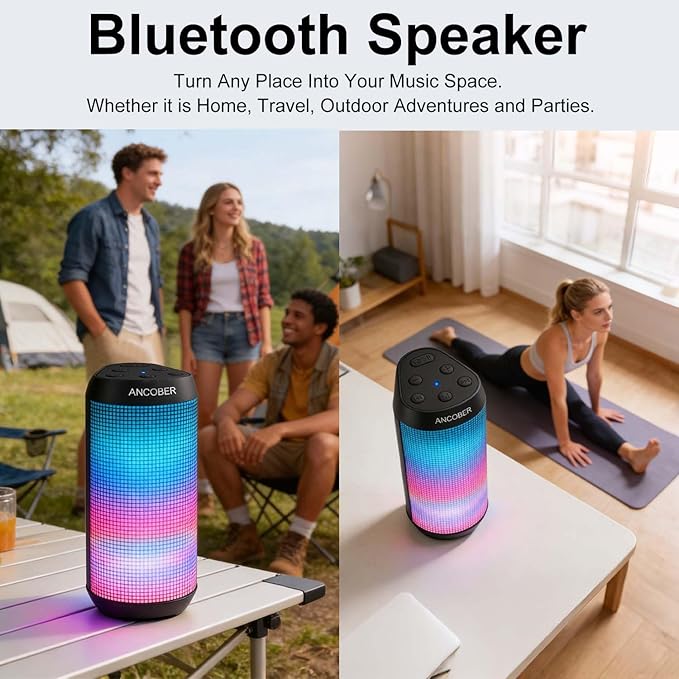 Portable Bluetooth Speaker, 2026 Wireless Speaker with 20W HD Loud Stereo Sound, 36H Playtime, Cool LED Lights, IPX4 Waterproof, TWS Pairing, BT5.3, Buit-in Mic, for Outdoor, Home, Party, Gift