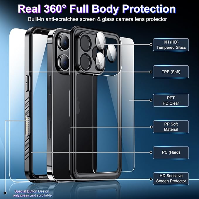 2025 New Designed for iPhone 16 Pro Case Waterproof, [Built-in Screen Protector & Glass Camera Protector][Full Body Shockproof][IP68 Underwater][Dustproof][Dropproof] Phone Case for iPhone 16 Pro 6.3"