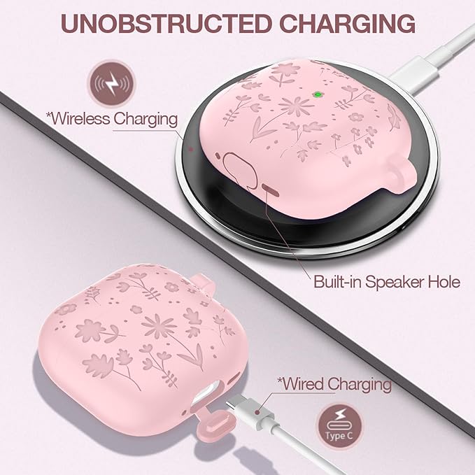 Compatible with AirPods 4th Generation Case Cover with Cleaner Kit, Flower Engraved Silicone Shockproof Protective Skin Cover for AirPods 4 Case 2024 with Keychain, Pink