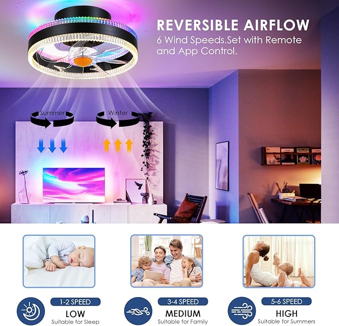 Flush Mount Ceiling Fans with Lights - RGB Low Profile Ceiling Fan,13" Small Dimmable LED Bladeless Ceiling Fans, Modern Enclosed LED-RGB Ambient Light for Bedroom, Kids Room, Party