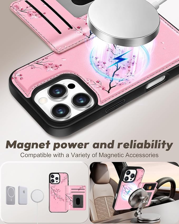 for iPhone 16 Pro Max Case with Wallet - Fits 4 Card Slots, Compatible with MagSafe for Women Aesthetic PU Leather Credit Card Holder Kickstand Phone Cover for Apple 16 Promax, Peach Blossom